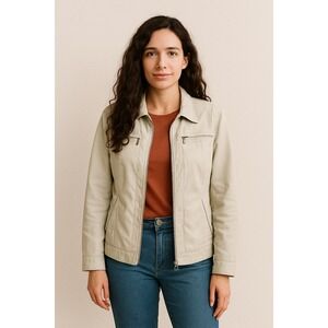 Jones New York Signature Jacket Womens L Beige Stretch Full Zip Pockets Collared